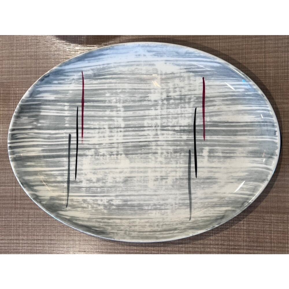 Vtg MCM Prim Rose Hiawatha Hand Painted Serving Tray Gray Red Stripe Retro Mod